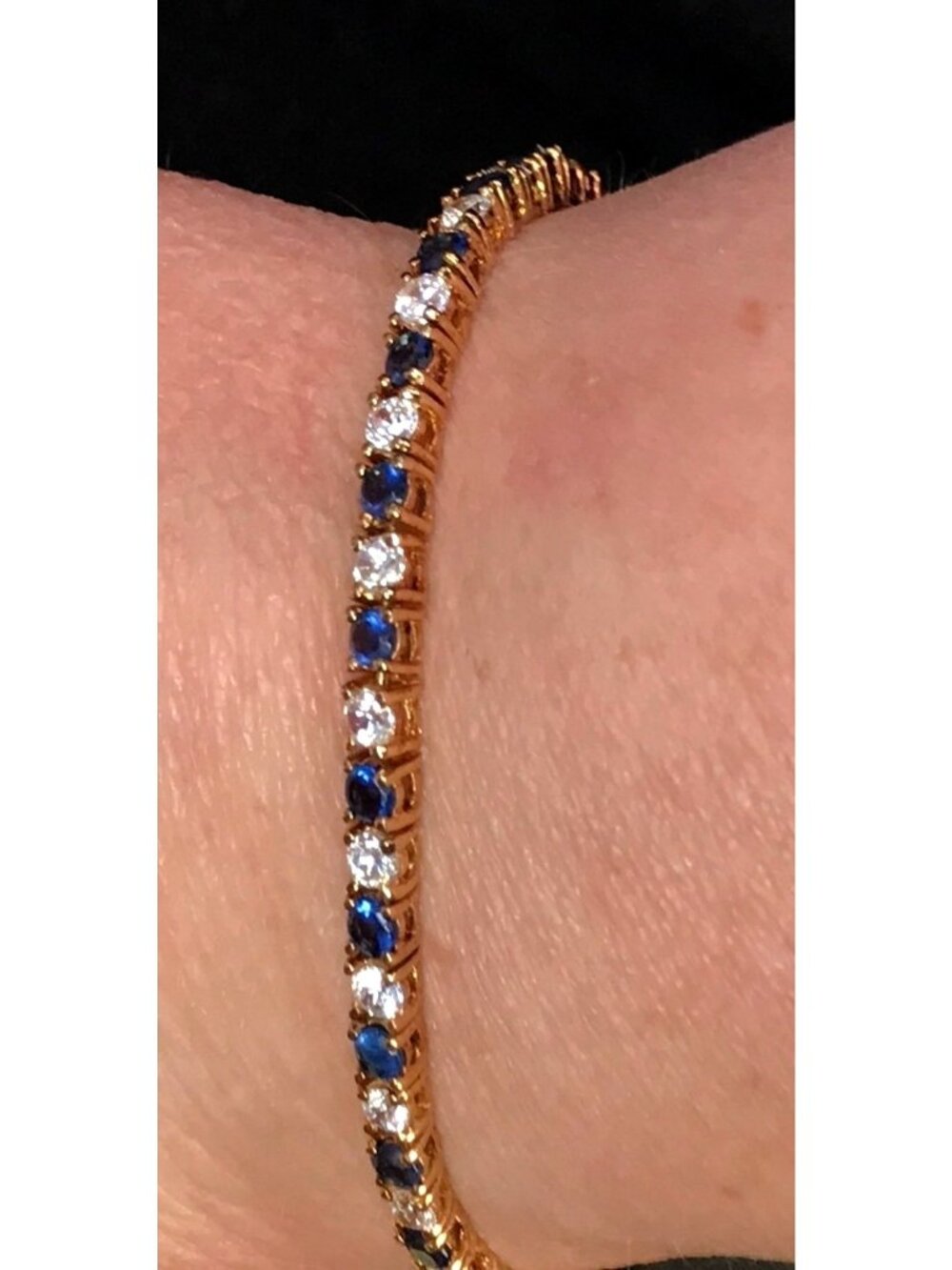 Gold Tone Tennis Bracelet with Blue and Clear Rhinestones with Safety Lock